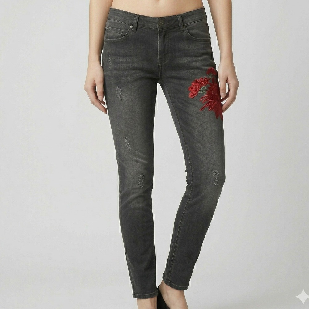 OrfeoNegro Slim Boyfriend Jeans Floral‎ Embroidery Sz 28 Washed Black Denim Boho